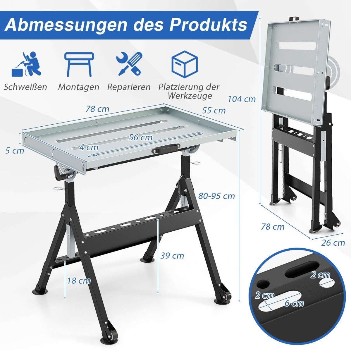 Foldable mobile welding table with 4 adjustable heights and angle d...