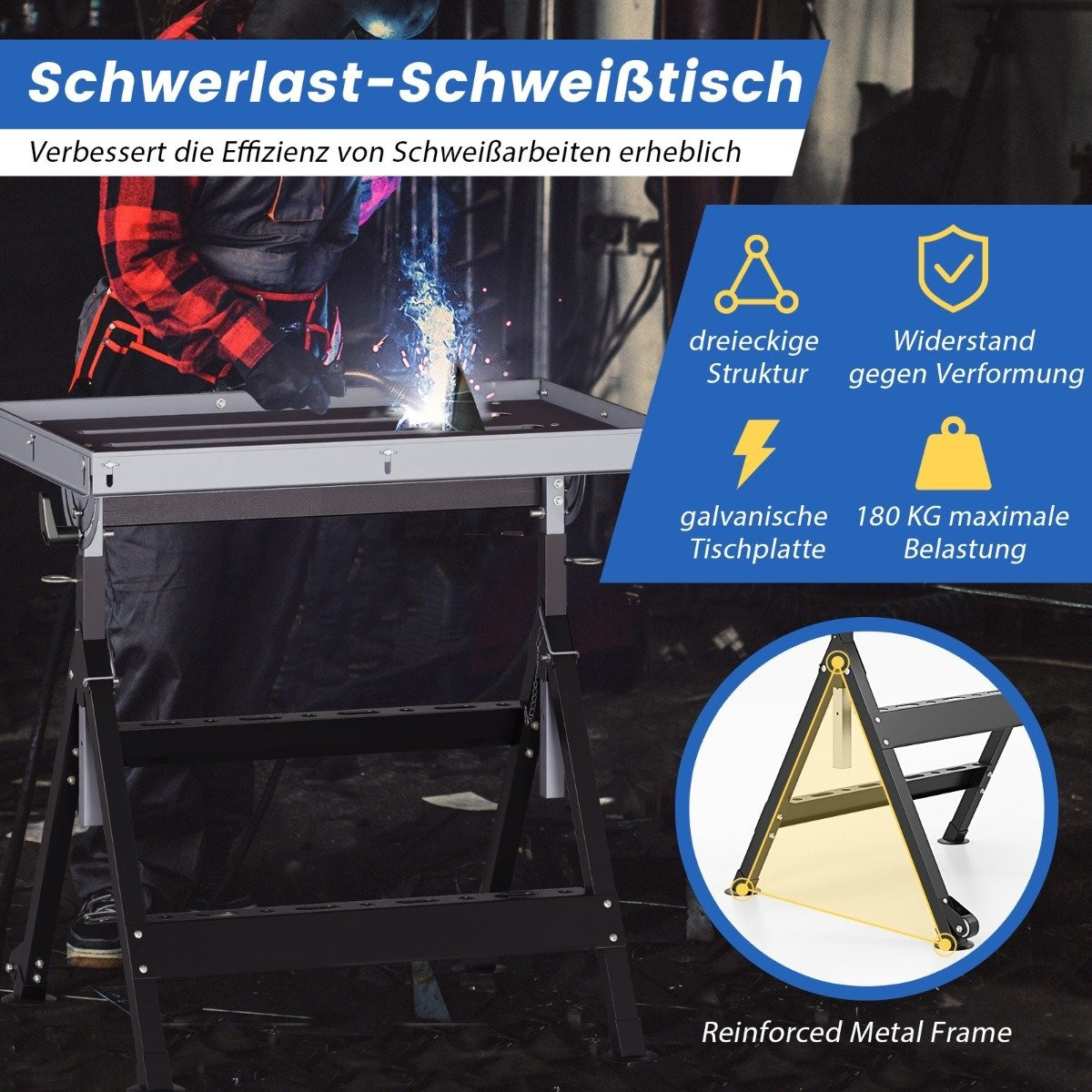 Foldable mobile welding table with 4 adjustable heights and angle d...