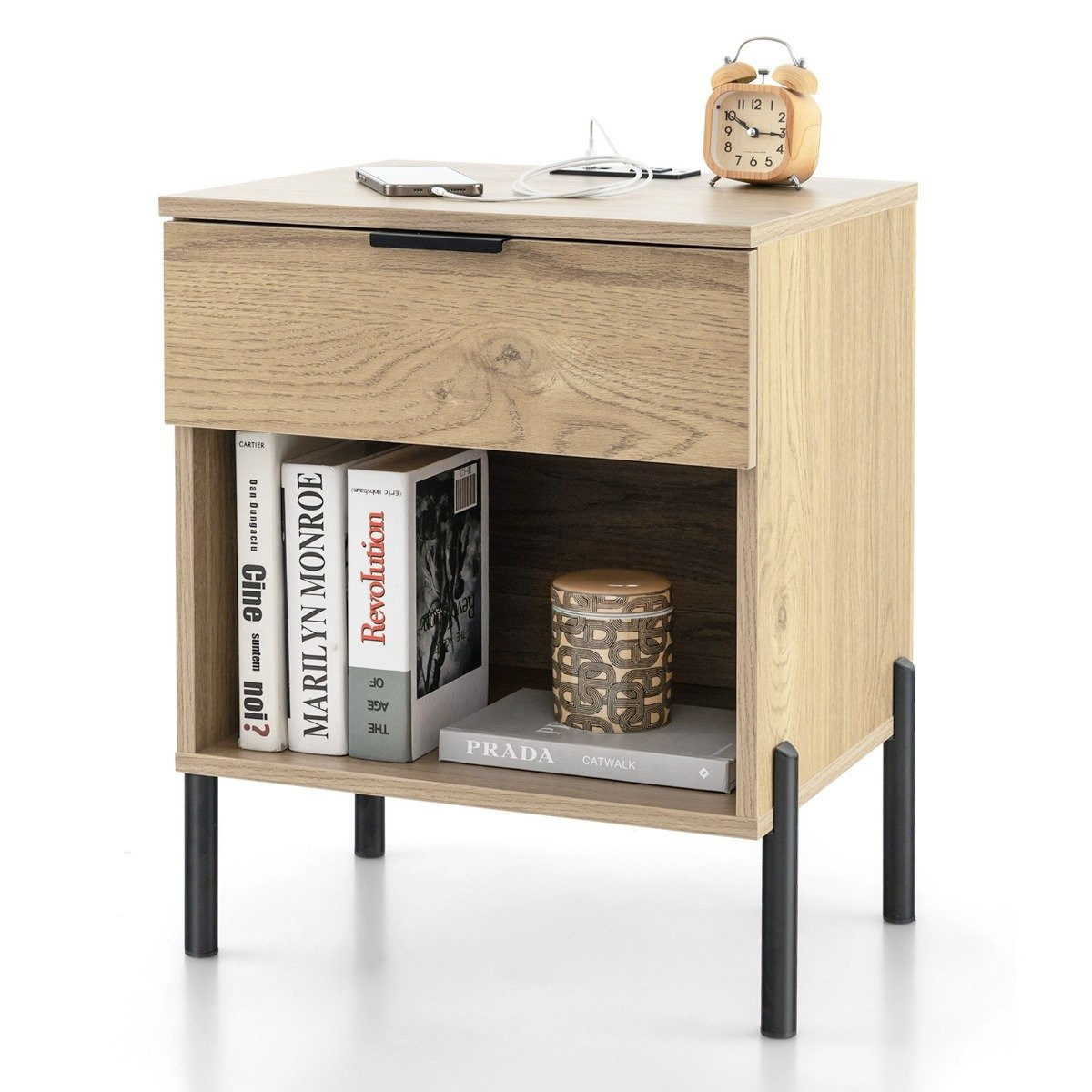 Modern bedside table with charging station & drawer & open compartm...