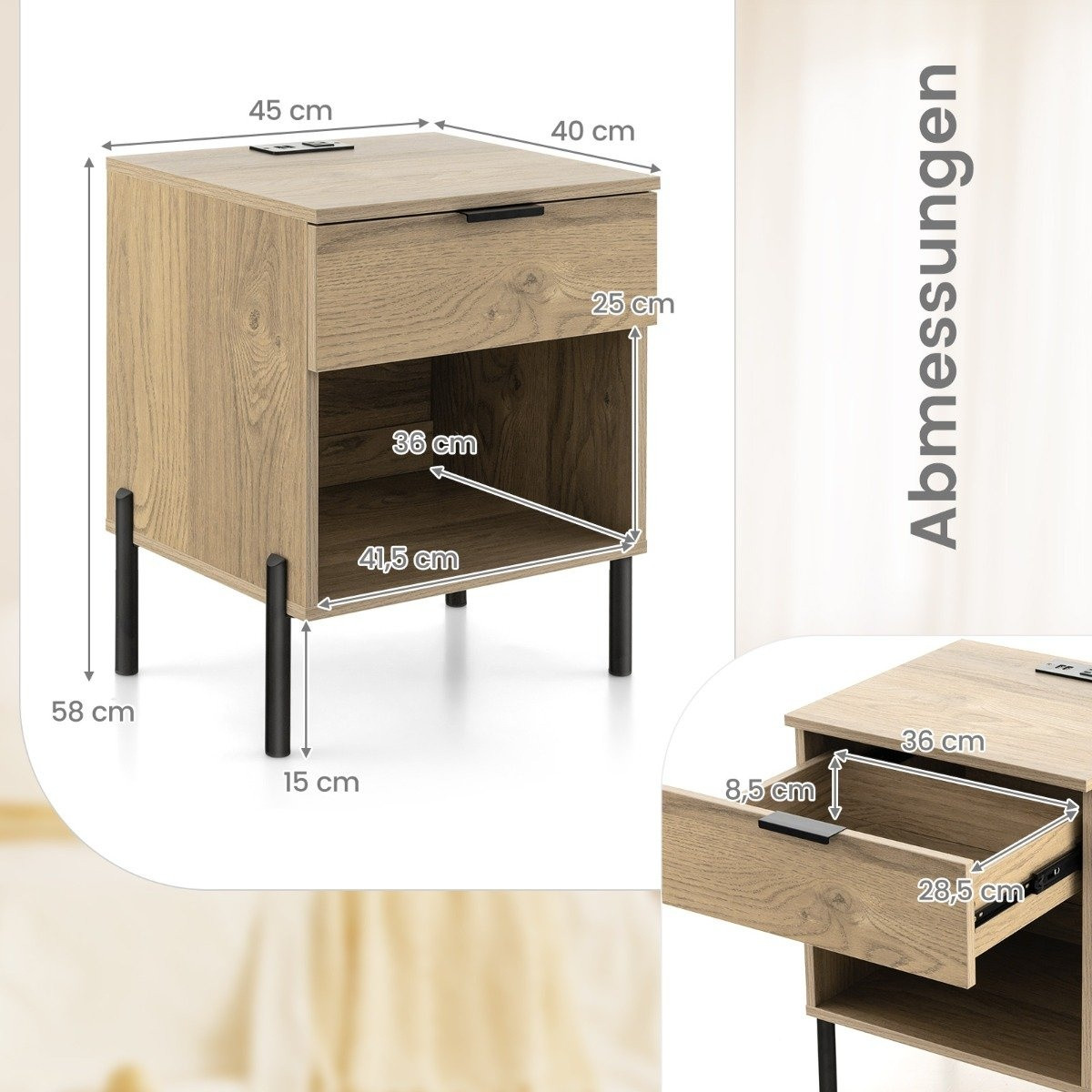 Modern bedside table with charging station & drawer & open compartm...