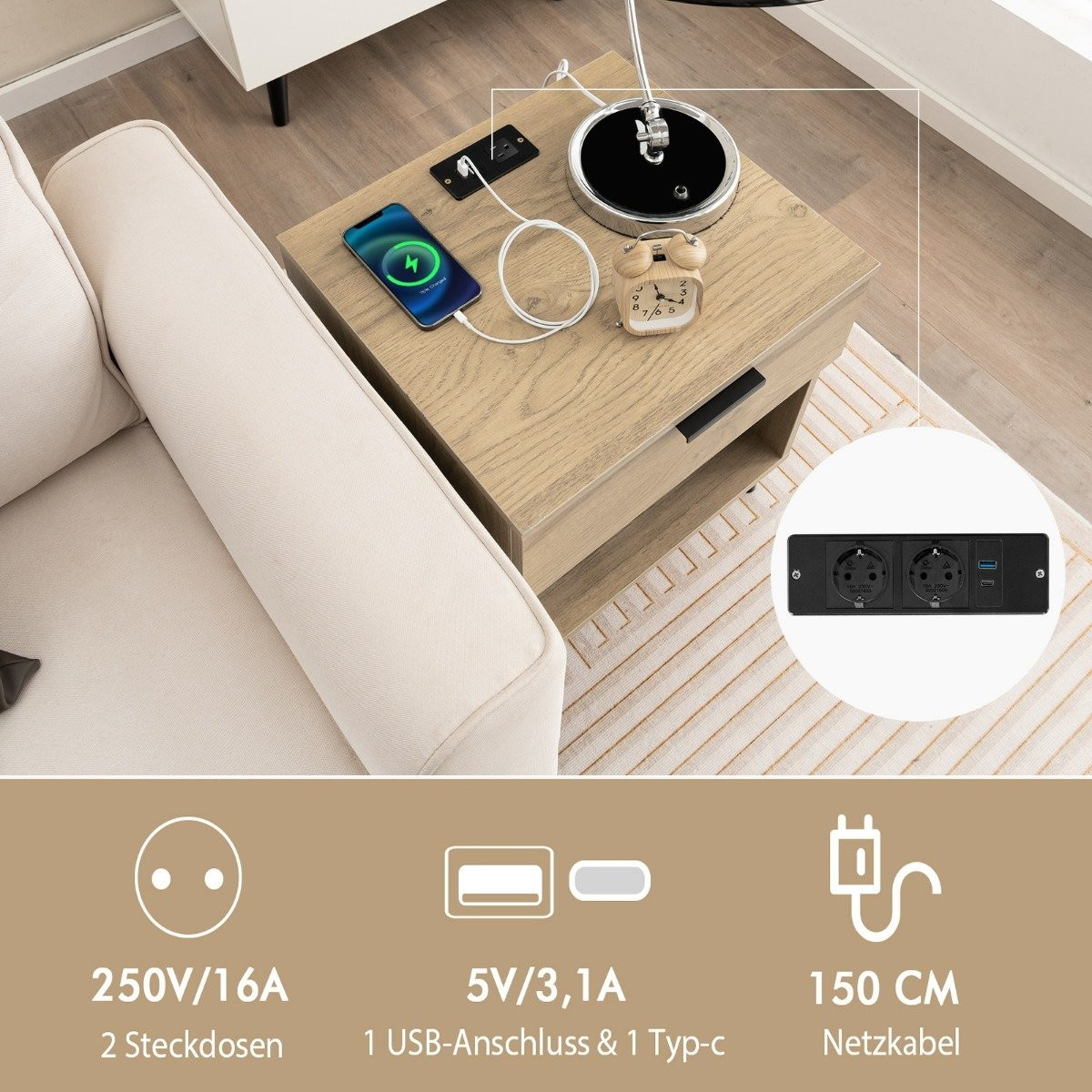 Modern bedside table with charging station & drawer & open compartm...