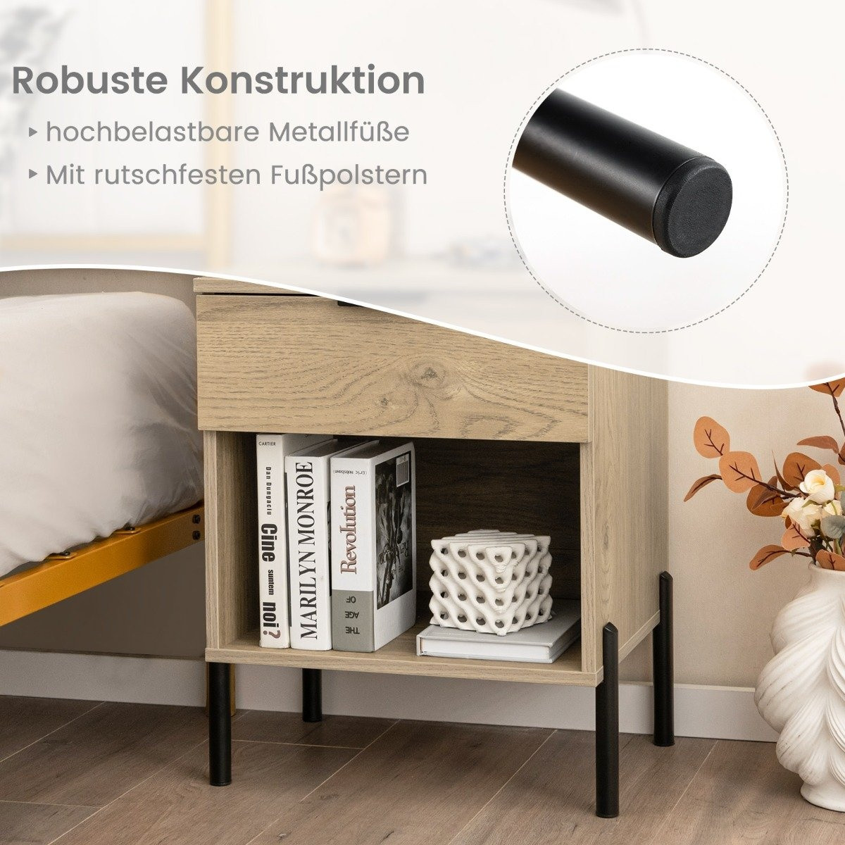 Modern bedside table with charging station & drawer & open compartm...