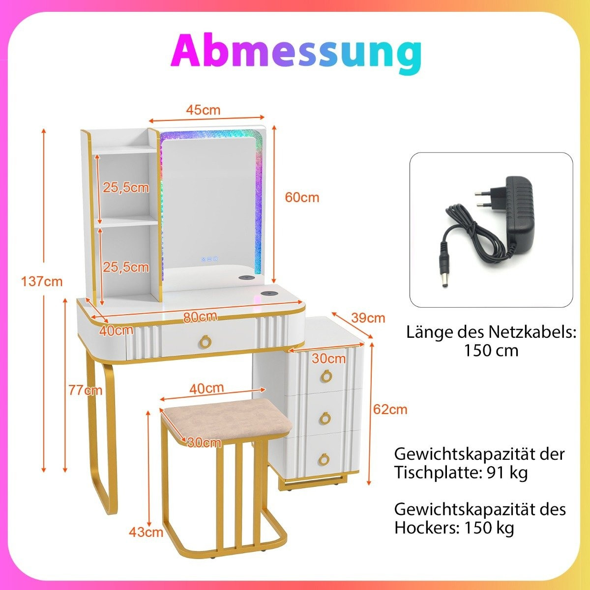 Dressing table with 7 dynamic and 7 static dimmable LED lighting dr...
