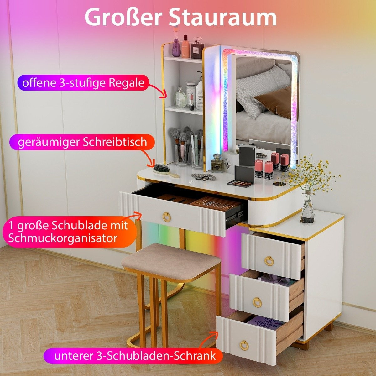Dressing table with 7 dynamic and 7 static dimmable LED lighting dr...