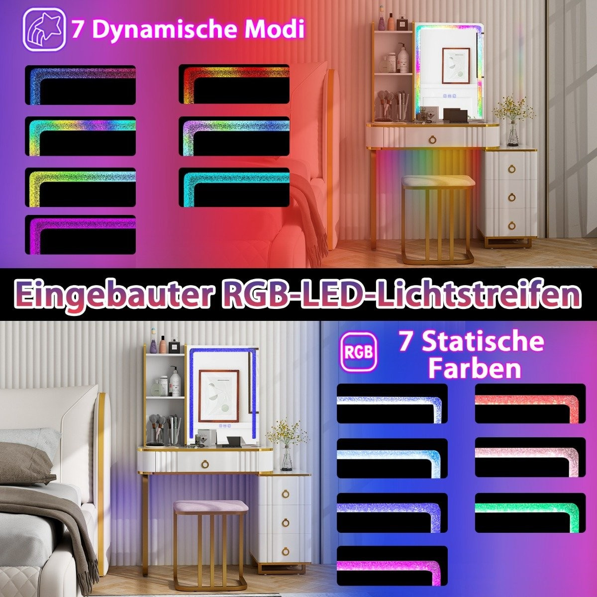 Dressing table with 7 dynamic and 7 static dimmable LED lighting dr...