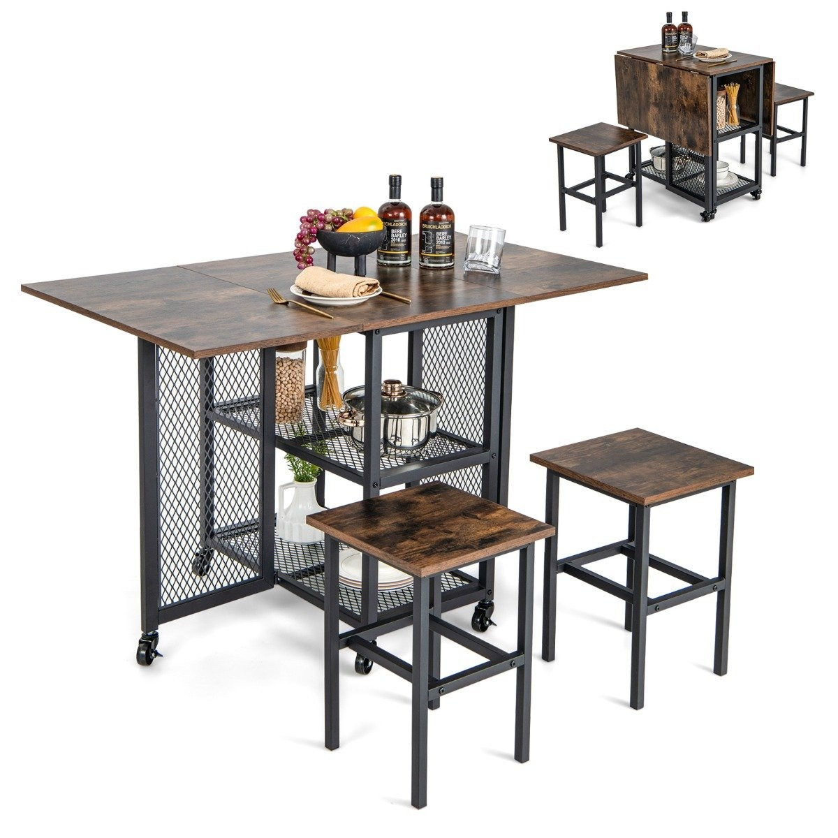 3 pieces Folding Dining Table Set Extendable Dining Table with 2 St...
