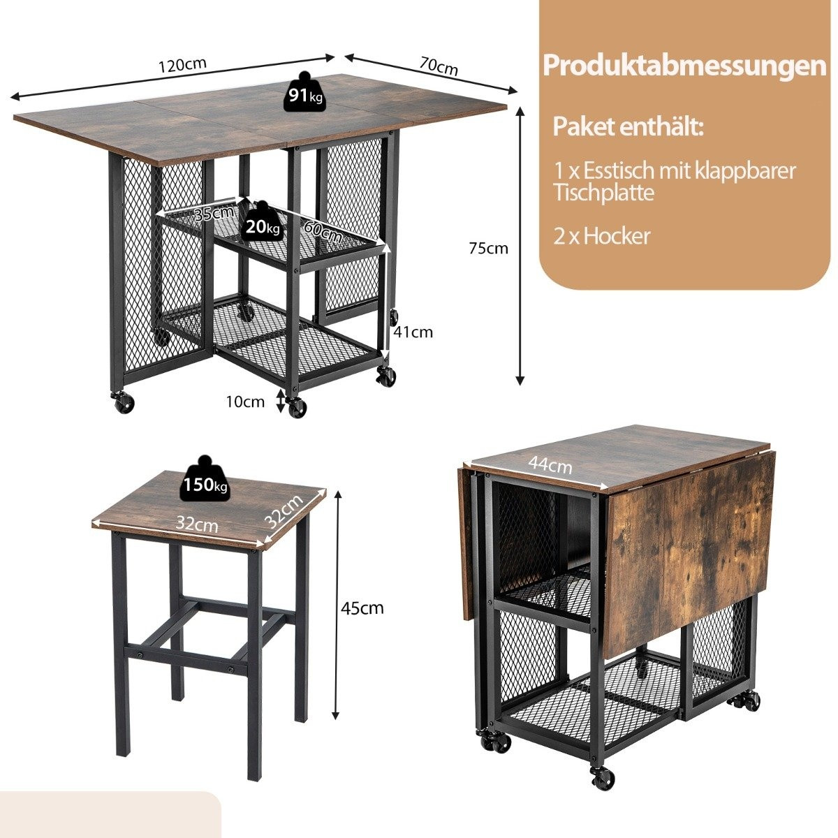 3 pieces Folding Dining Table Set Extendable Dining Table with 2 St...