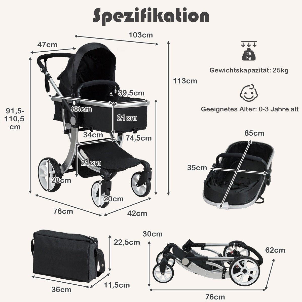 2 in 1 stroller foldable combination stroller with adjustable backr...