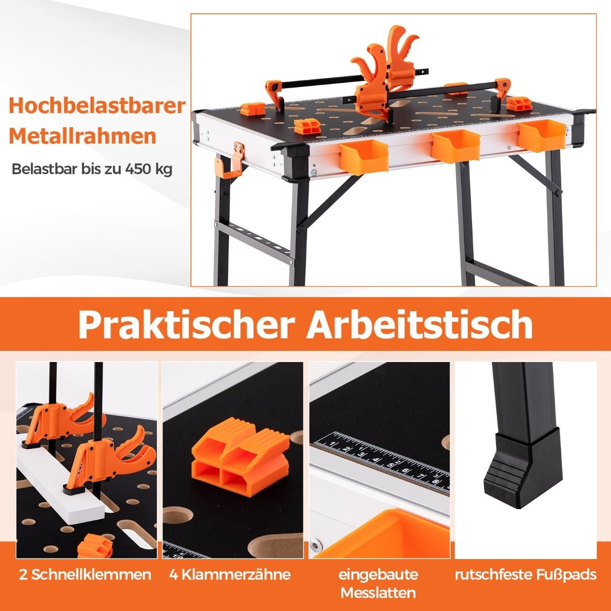 Foldable work table workbench with 2 quick clamps, 3 tool boxes and...