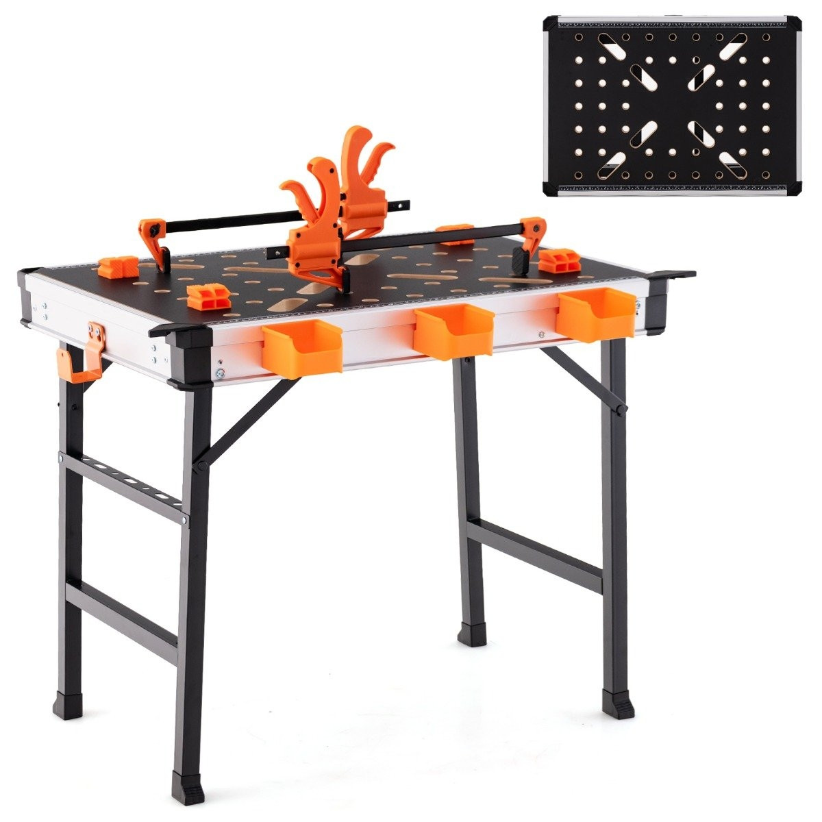 Foldable work table workbench with 2 quick clamps, 3 tool boxes and...