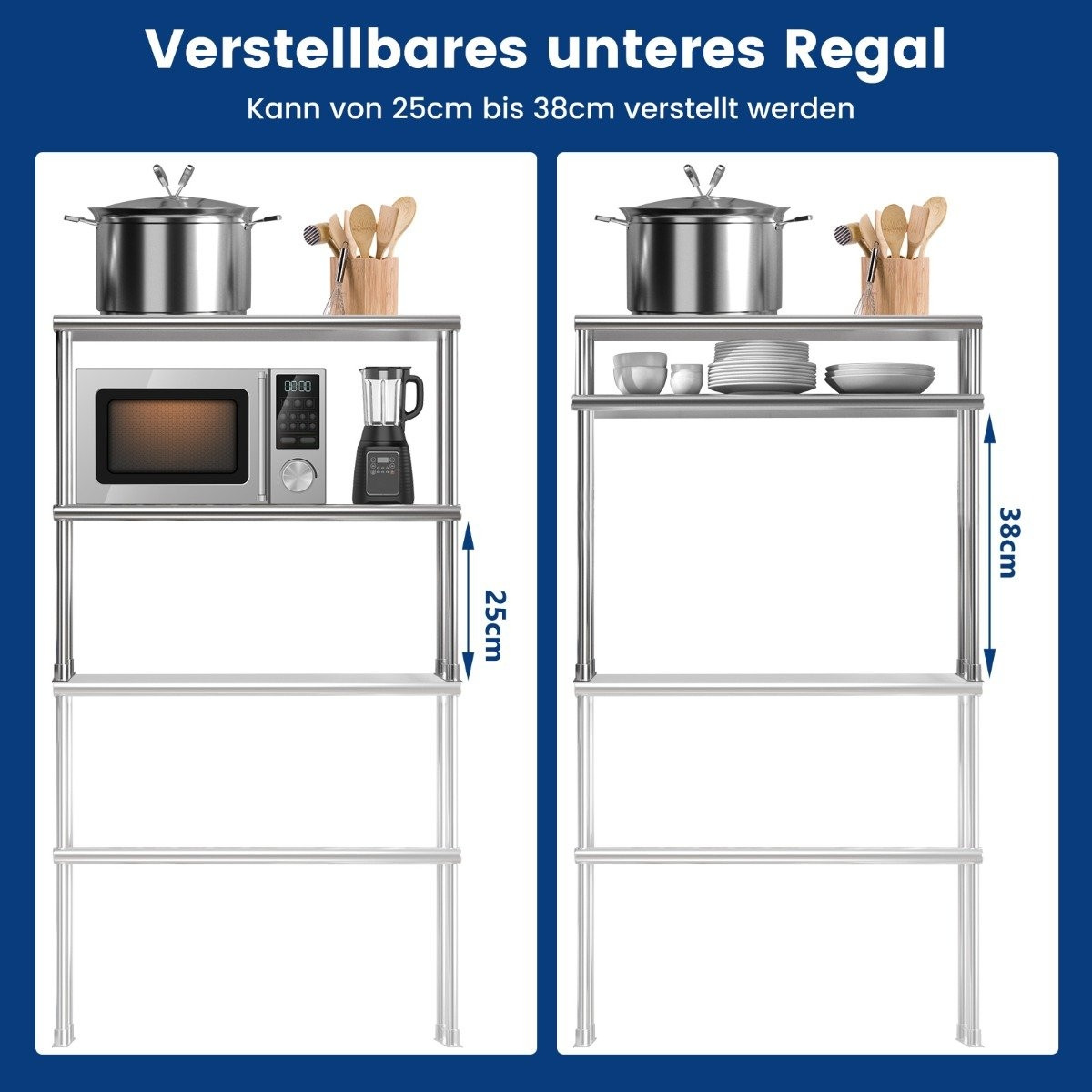 Double-tier overshelf with adjustable lower shelf multi-purpose she...