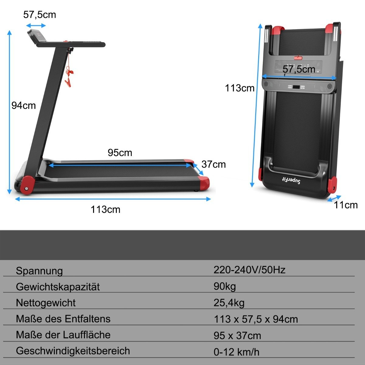 Foldable treadmill for home with app control Bluetooth speaker red