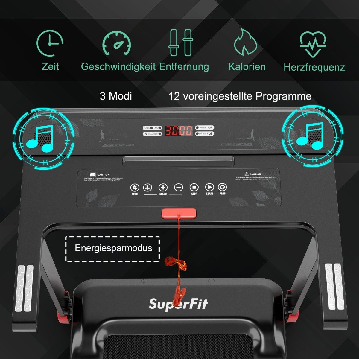Foldable treadmill for home with app control Bluetooth speaker red