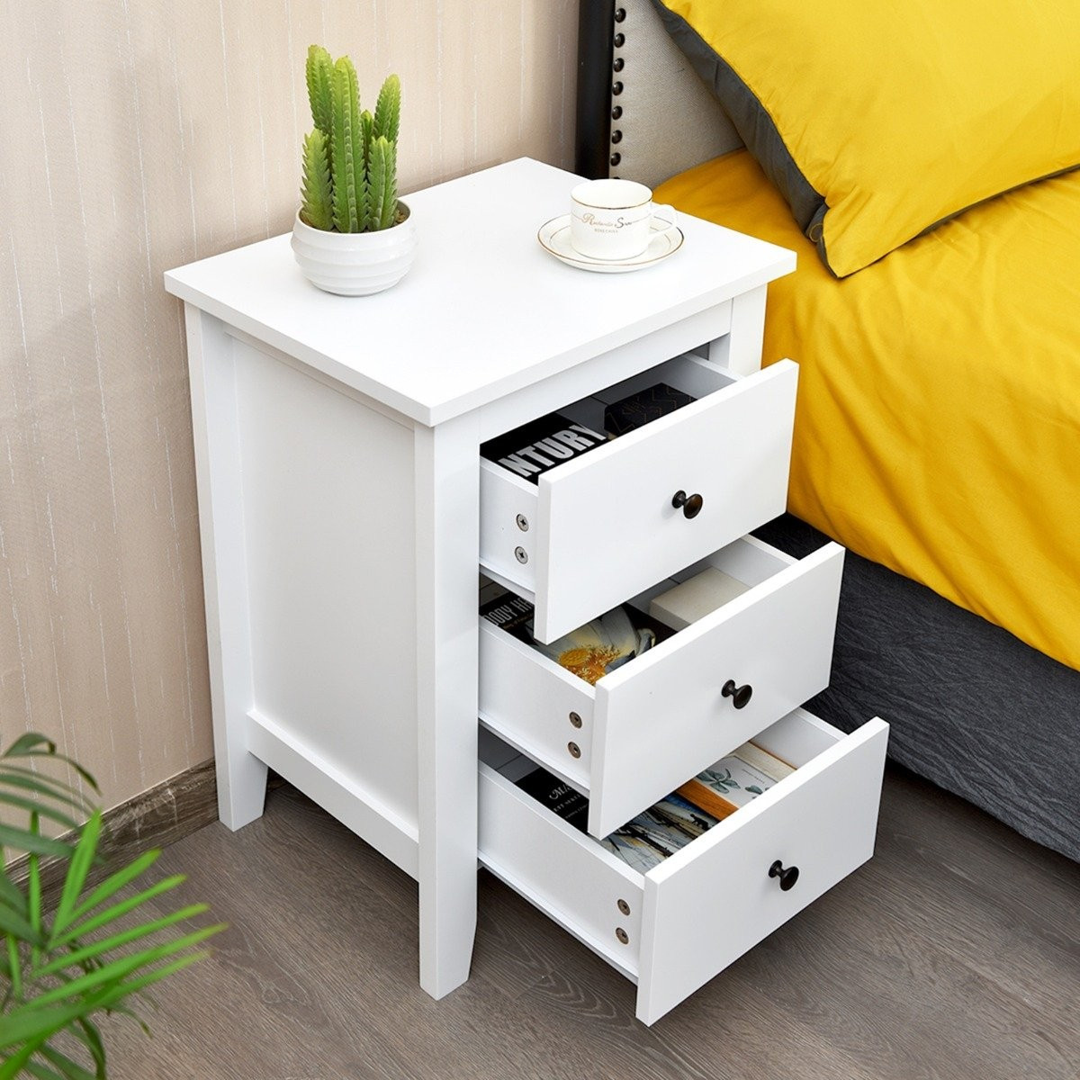 Bedside table with 3 drawers, large storage space and stable struct...