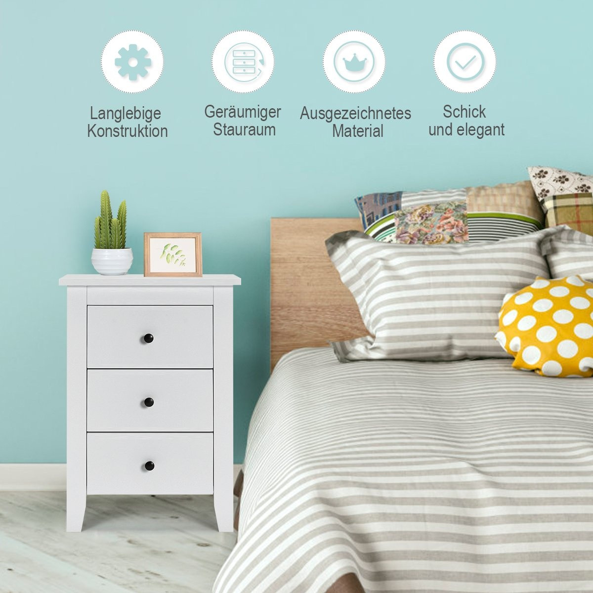 Bedside table with 3 drawers, large storage space and stable struct...