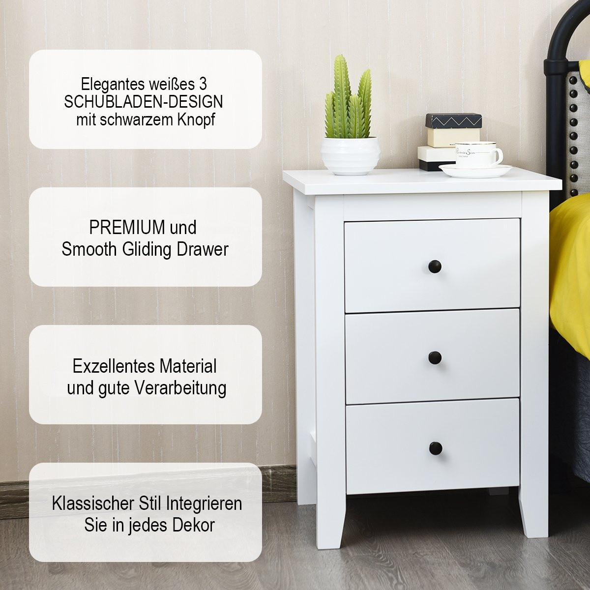 Bedside table with 3 drawers, large storage space and stable struct...