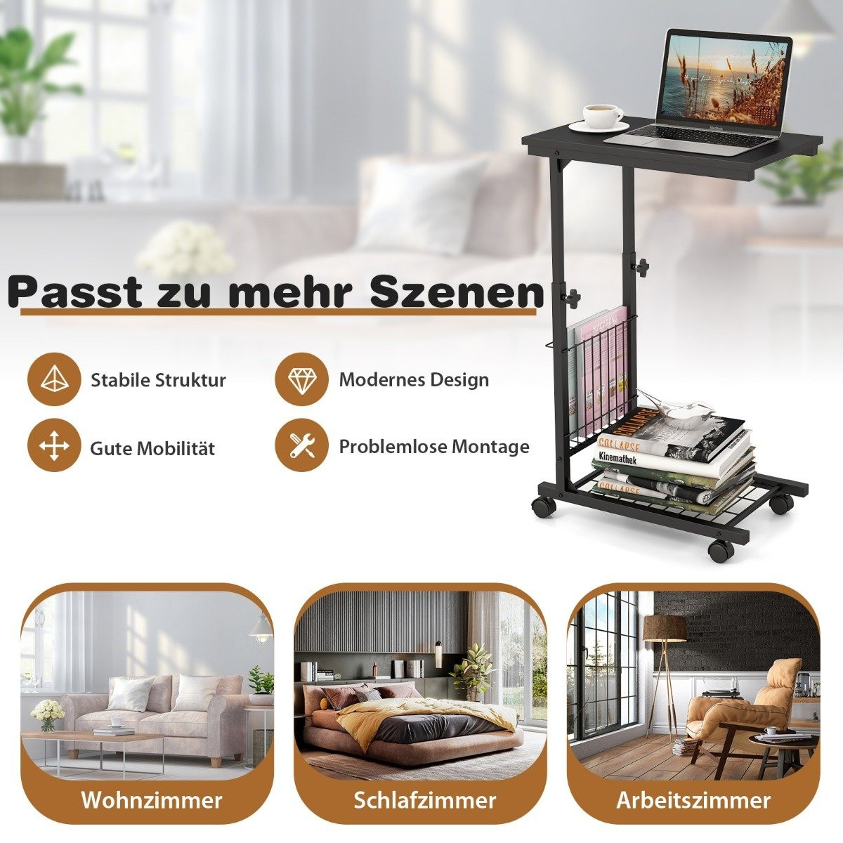 Height-adjustable laptop table with storage basket & wheels C-shape...