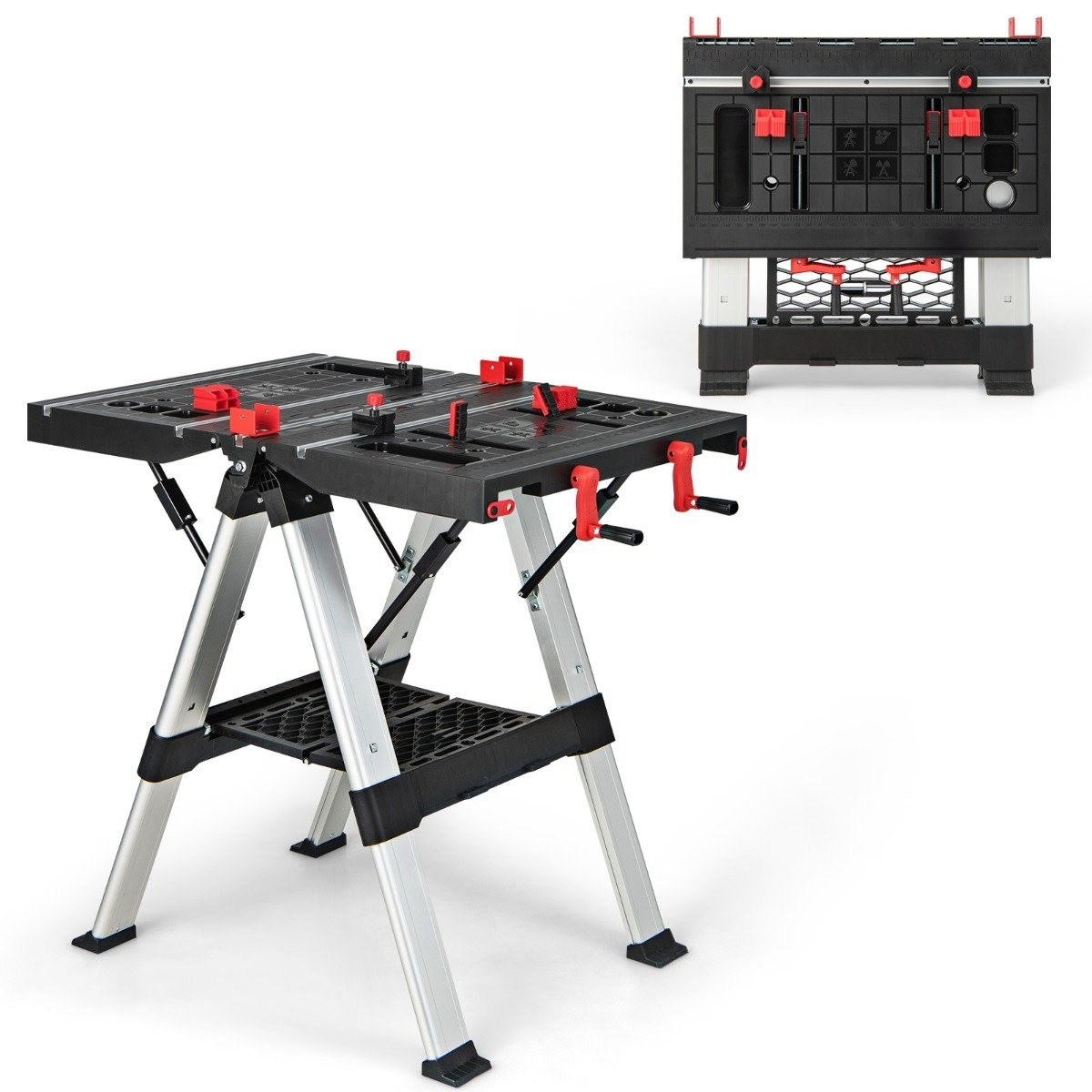 Portable folding work table with adjustable height functional clamp...