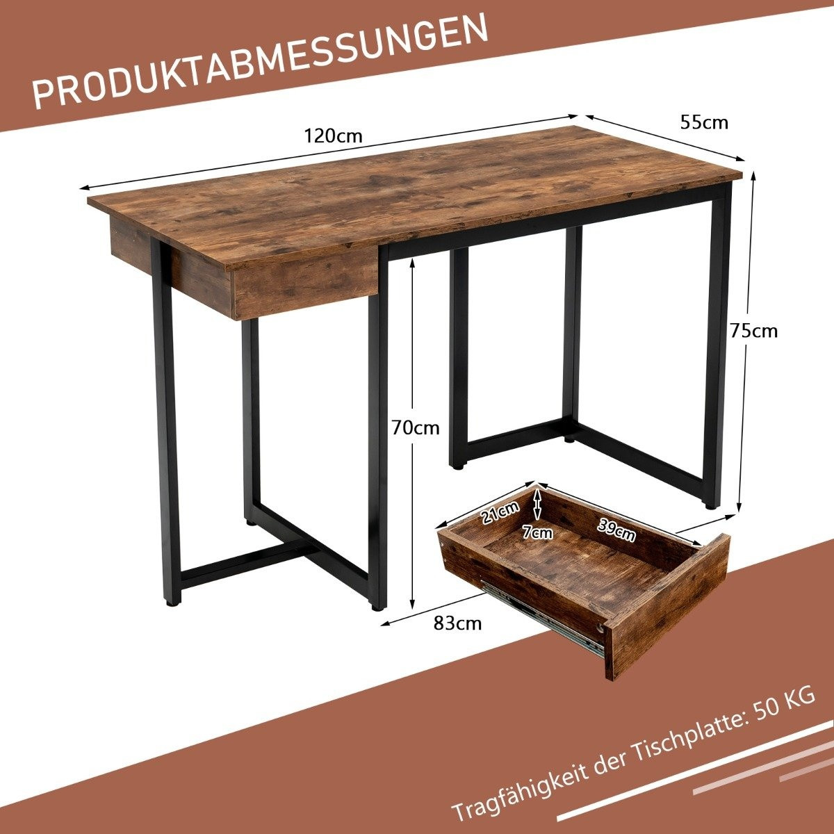 120cm Long Computer Desk with Drawer & Adjustable Pads Computer Des...