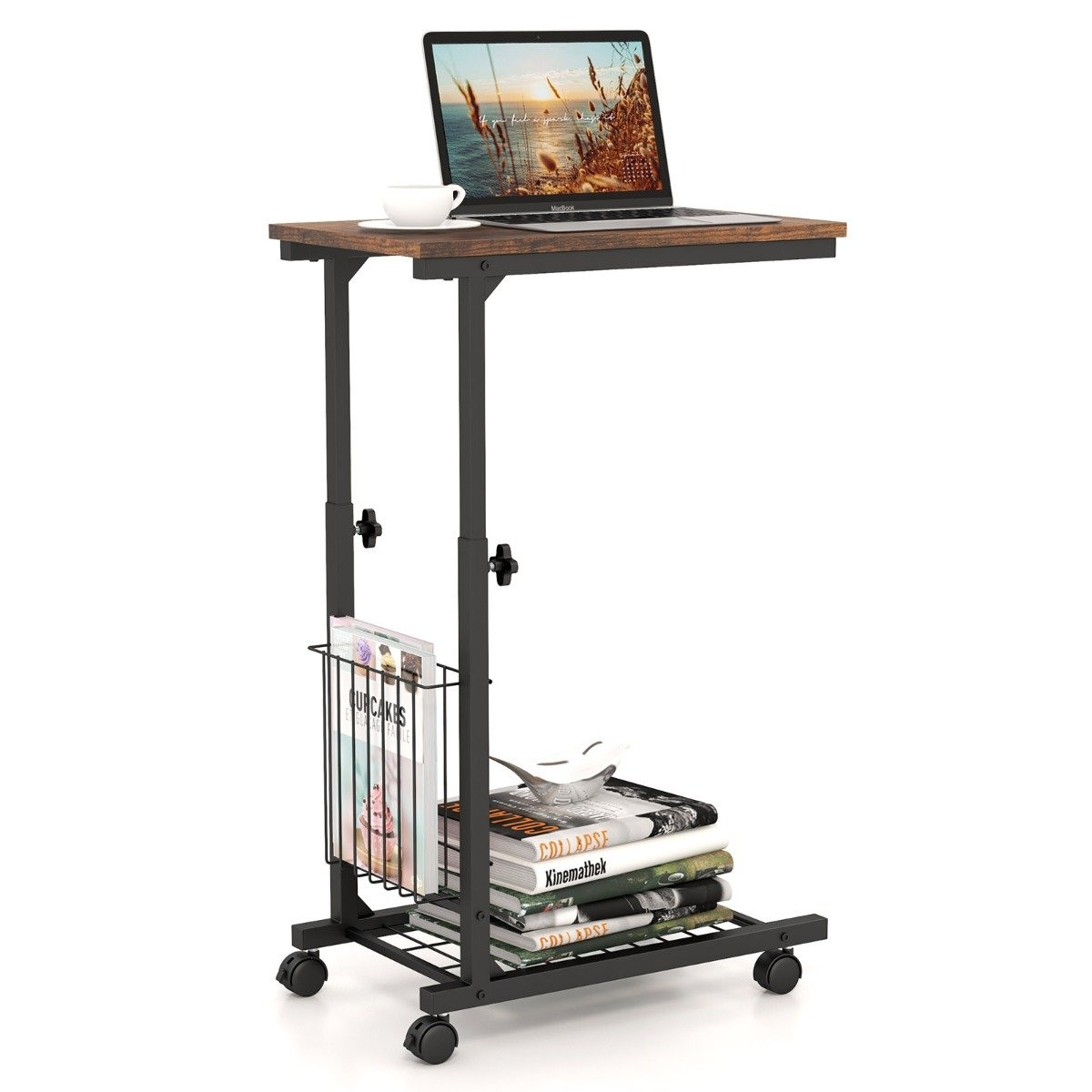 C Shaped Sofa Table Adjustable Side Table with Storage Basket Rusti...