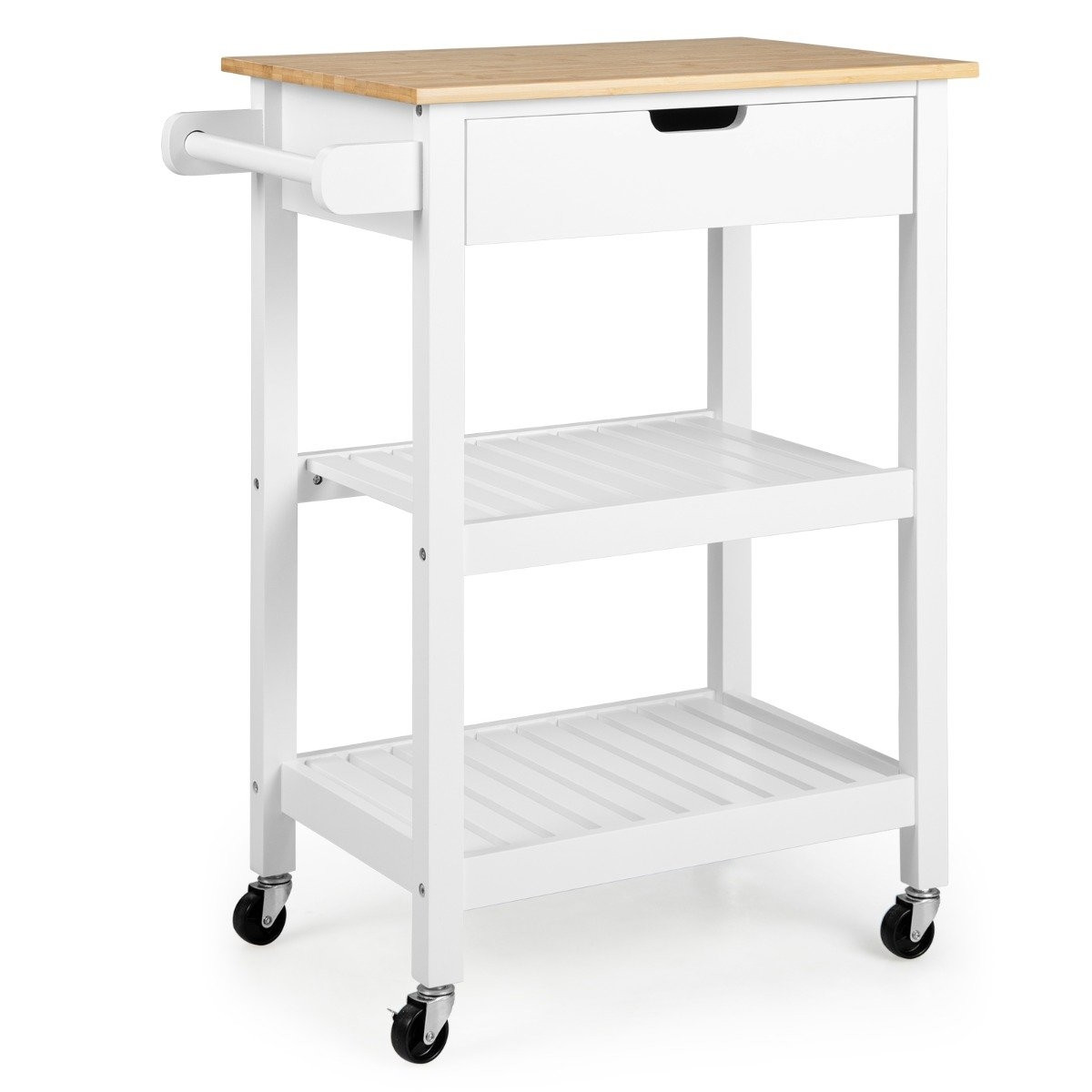 Bamboo Kitchen Island with Pull-Out Drawer & Side Push Handle Rolla...