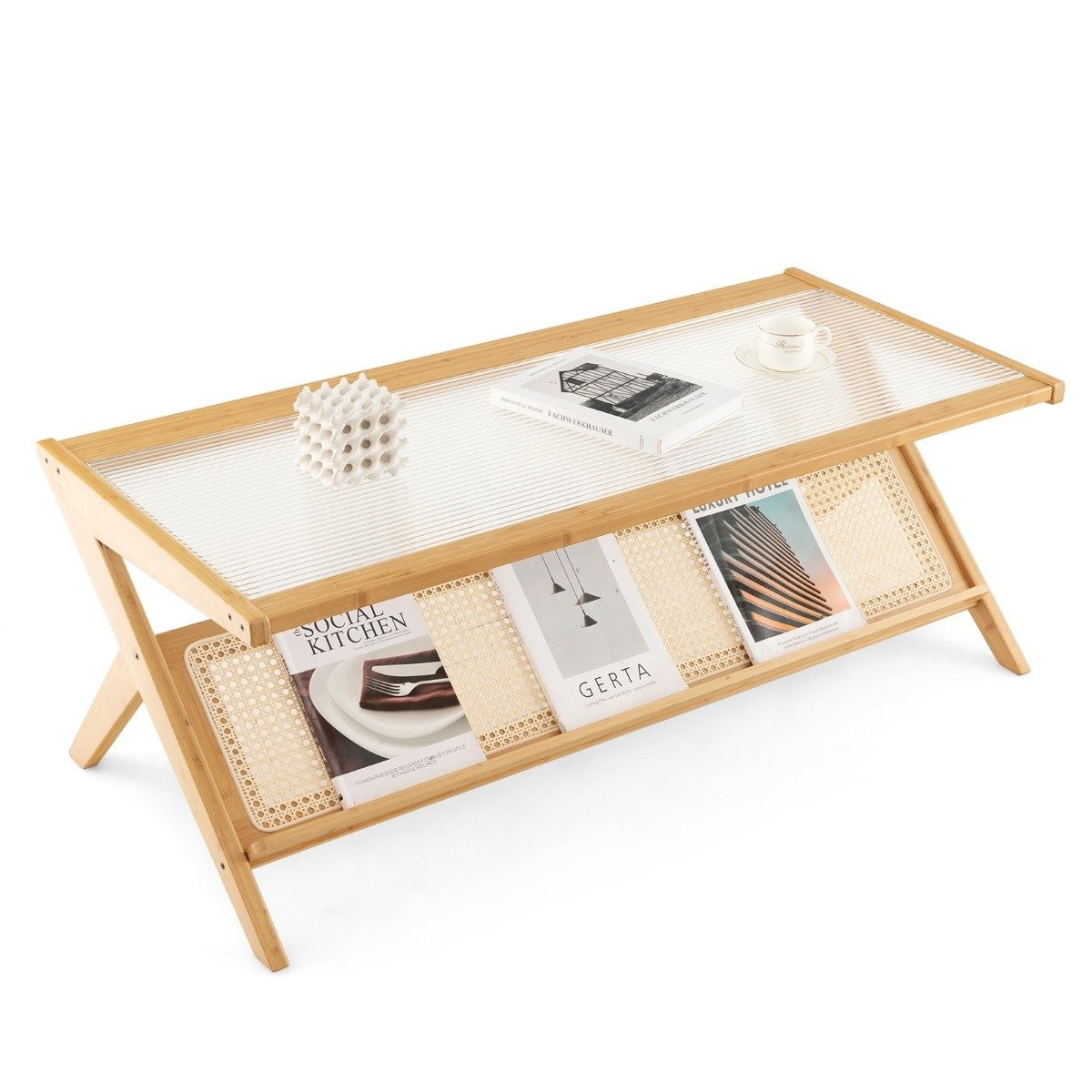 Mesa de centro de bambú 120 cm Mesa de centro rectangular de 2 nive...