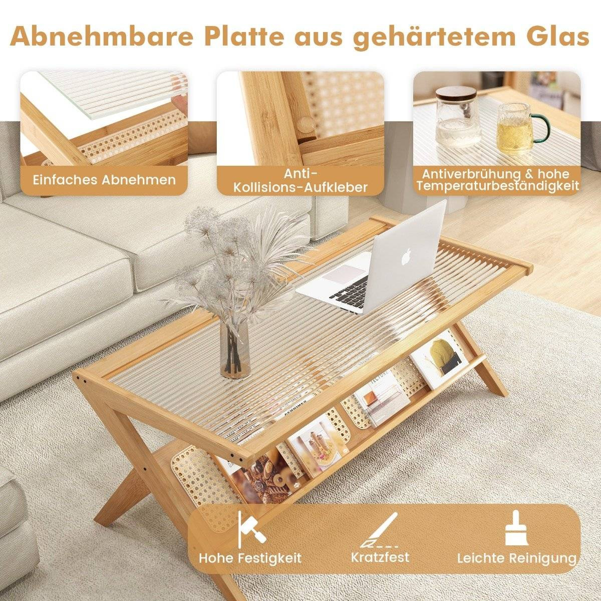Mesa de centro de bambú 120 cm Mesa de centro rectangular de 2 nive...