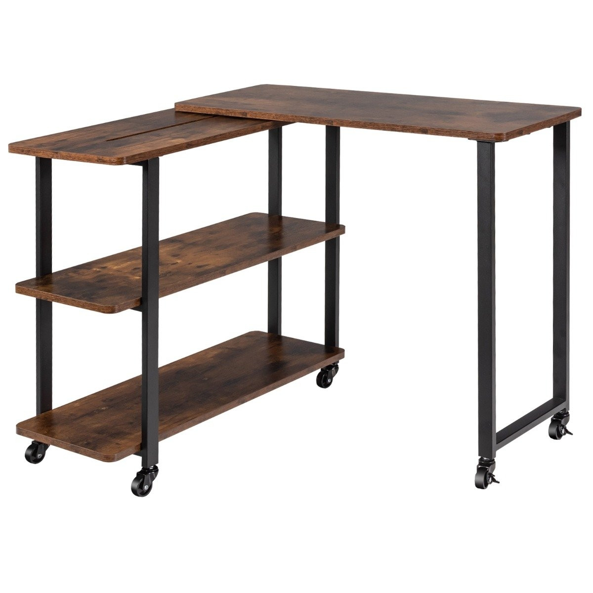 L-shaped side table with wheels & 2 shelves 360° rotating sofa tabl...