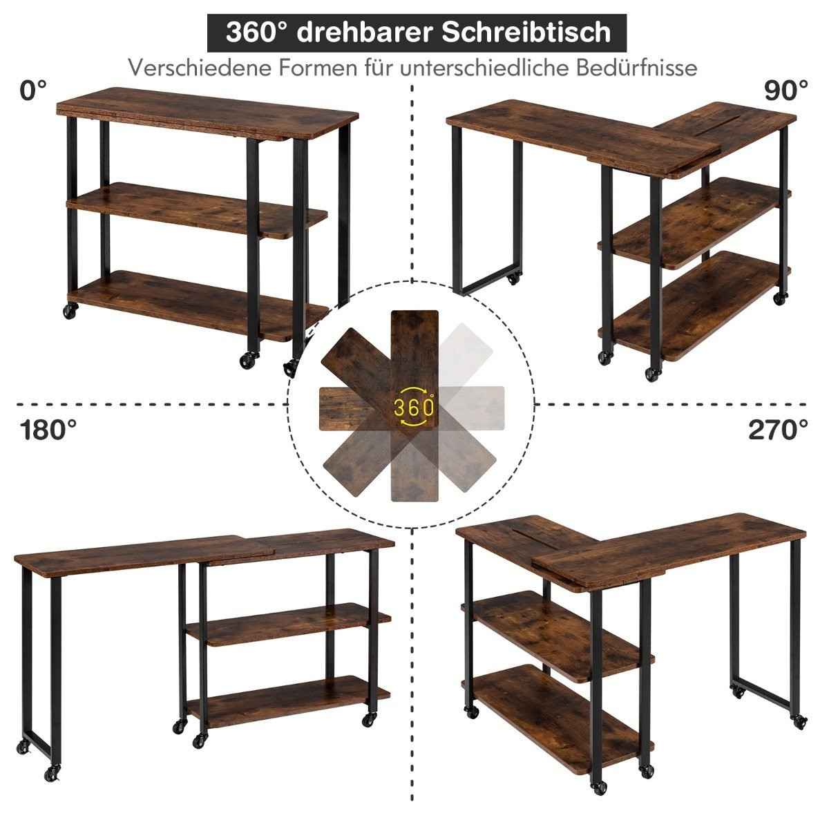 L-shaped side table with wheels & 2 shelves 360° rotating sofa tabl...