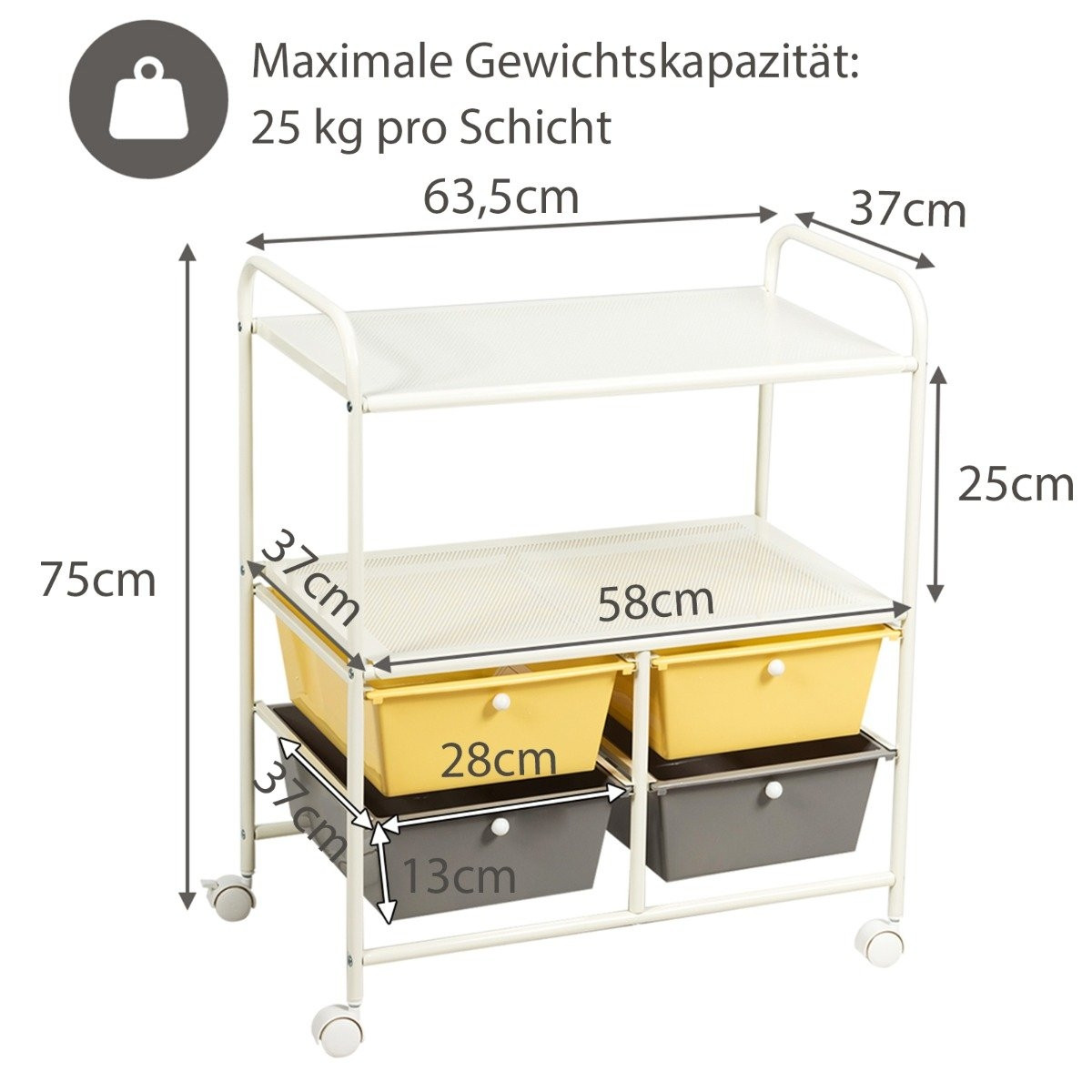 Trolley with 4 stackable drawers & metal frame & storage areas roll...