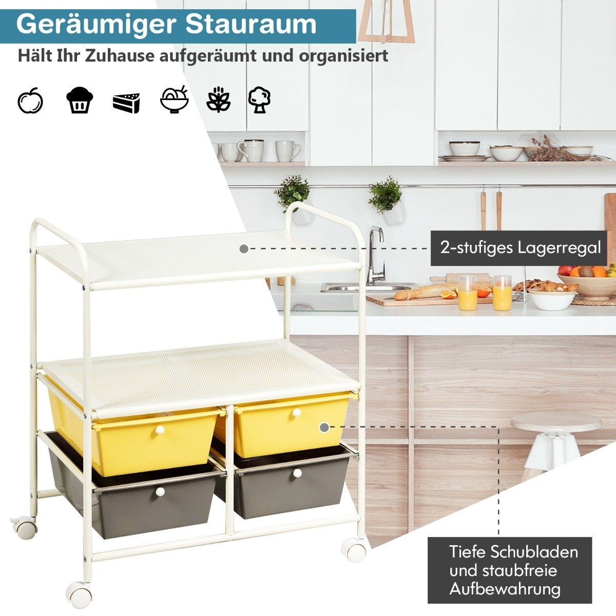 Trolley with 4 stackable drawers & metal frame & storage areas roll...