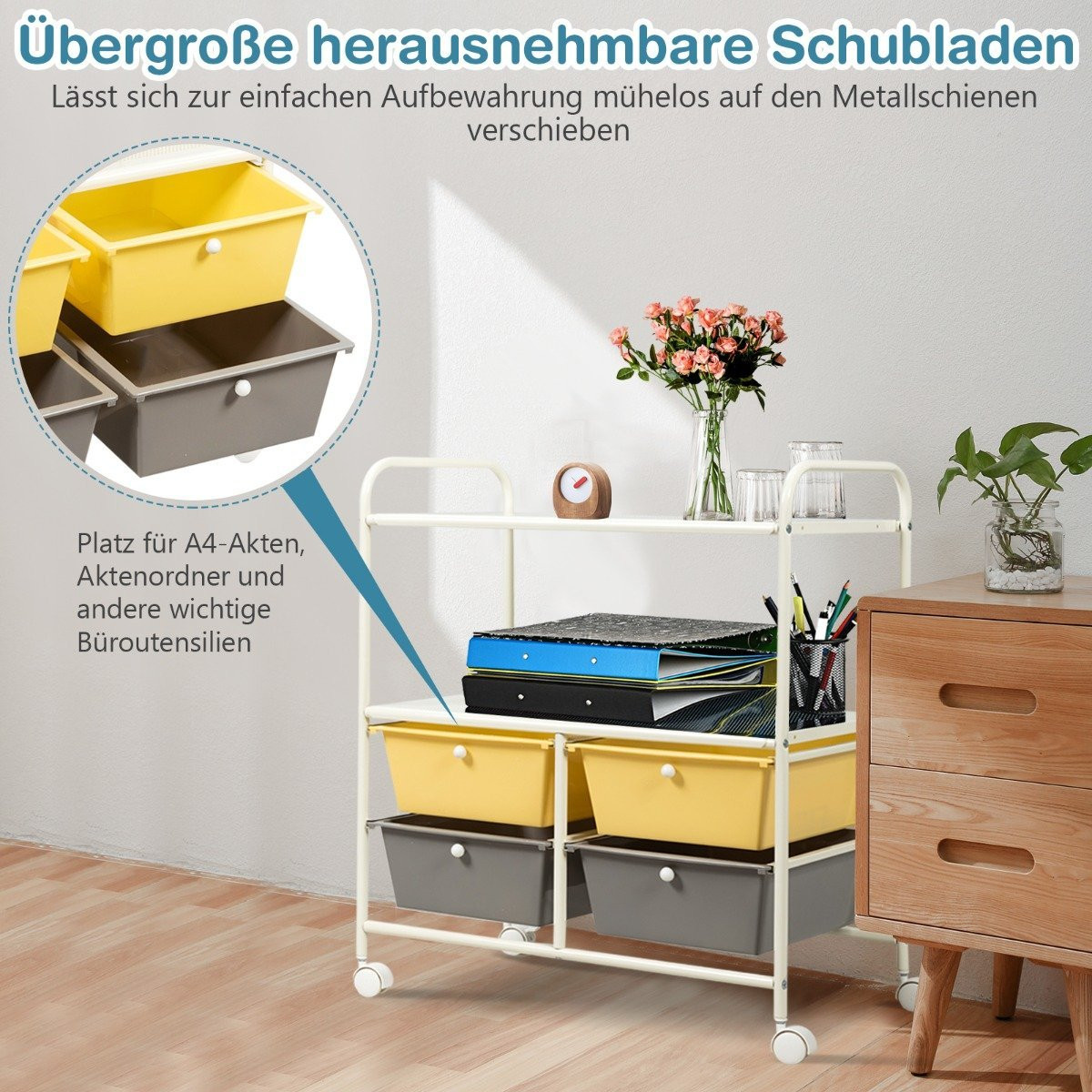 Trolley with 4 stackable drawers & metal frame & storage areas roll...