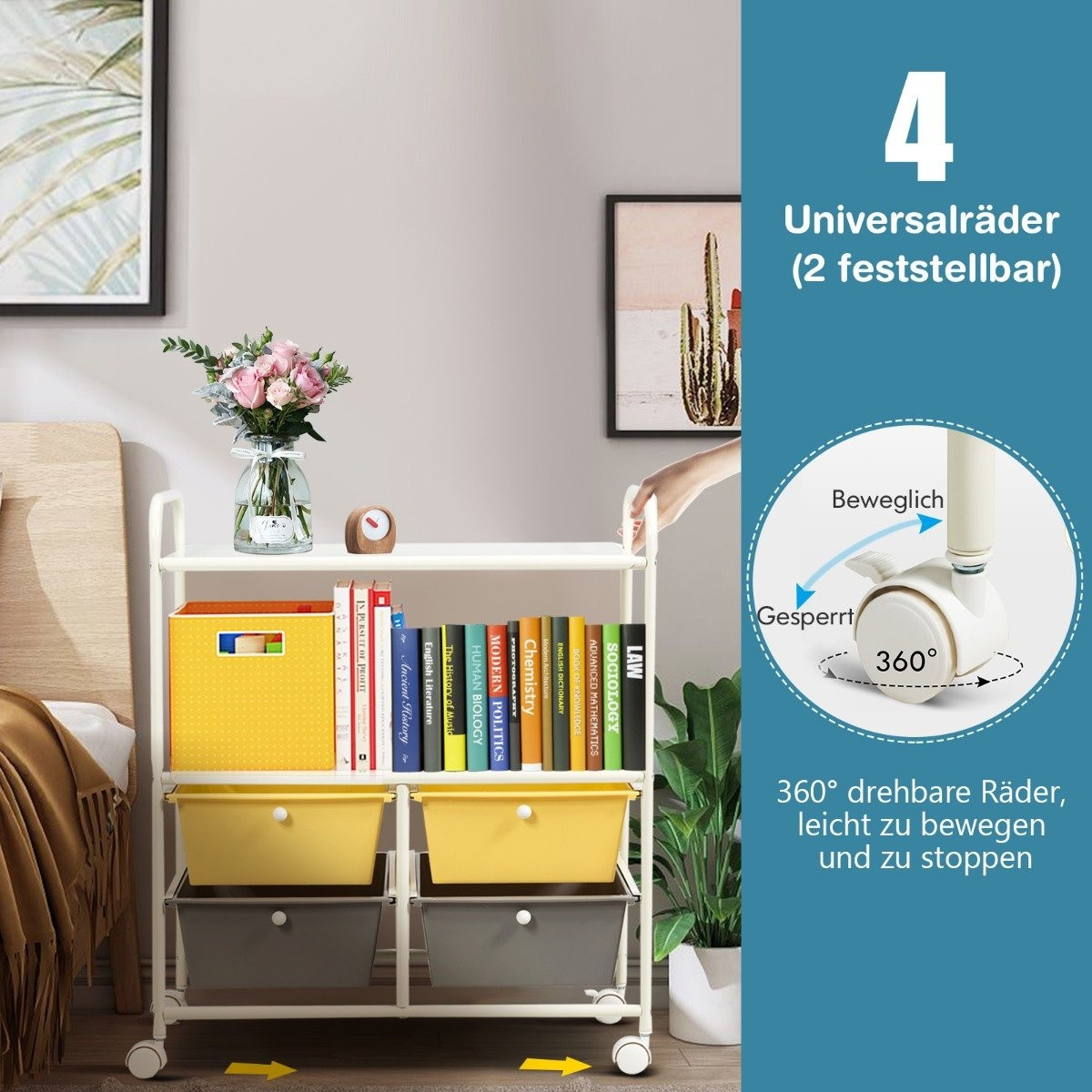 Trolley with 4 stackable drawers & metal frame & storage areas roll...