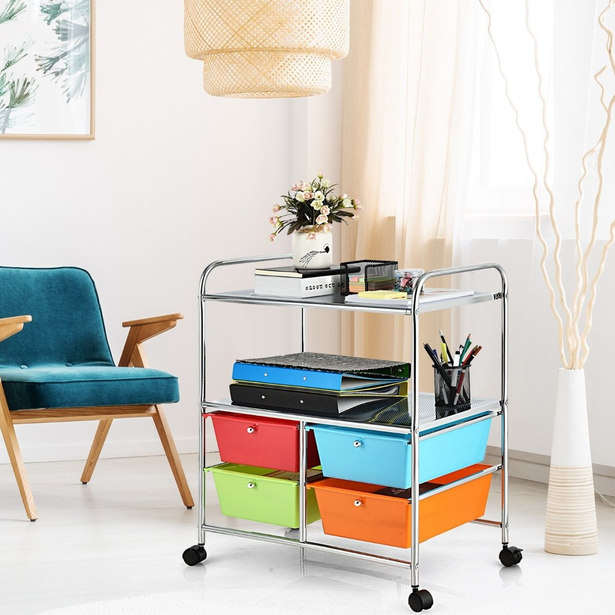 Rolling trolley with 4 stackable drawers & metal frame & shelves ro...