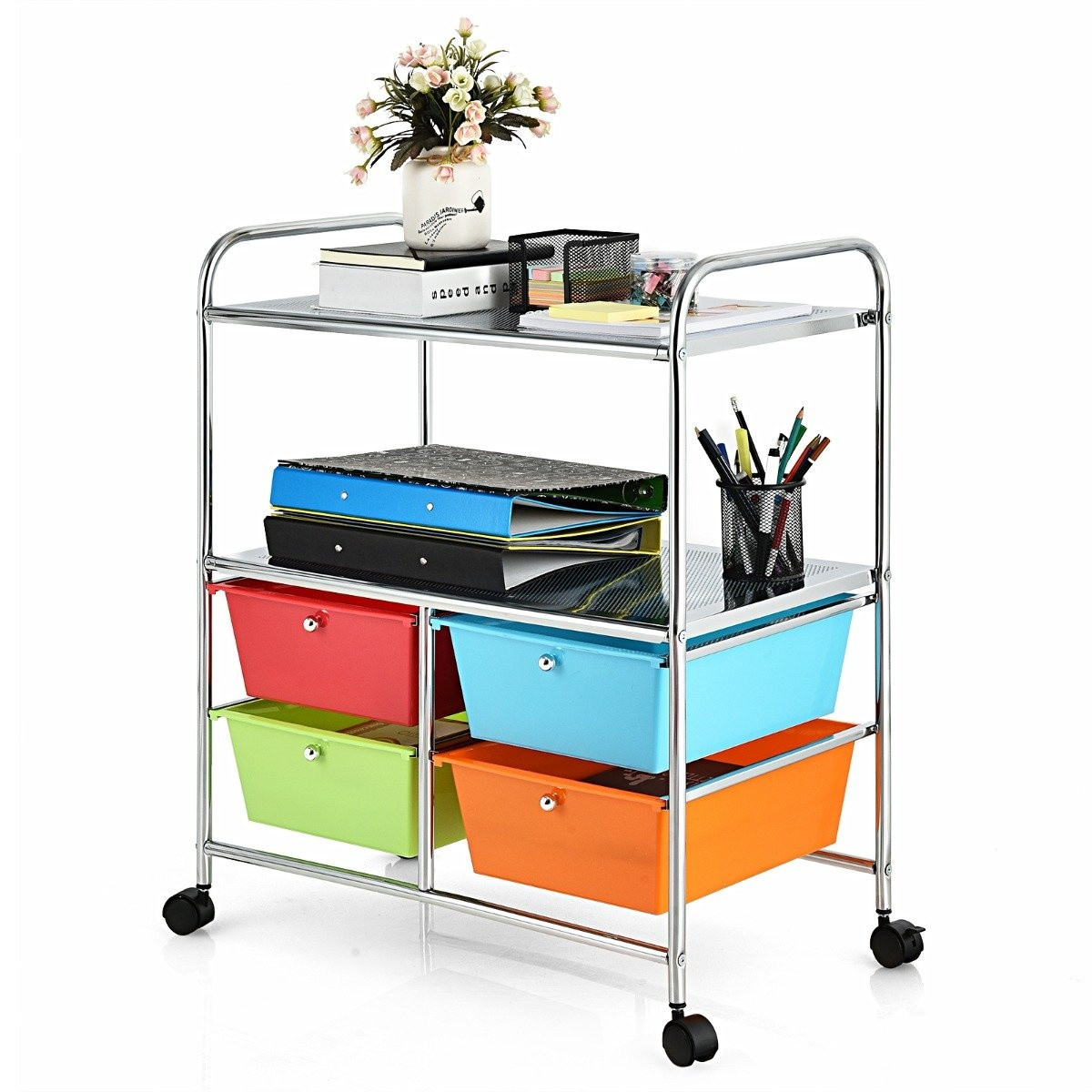 Rolling trolley with 4 stackable drawers & metal frame & shelves ro...