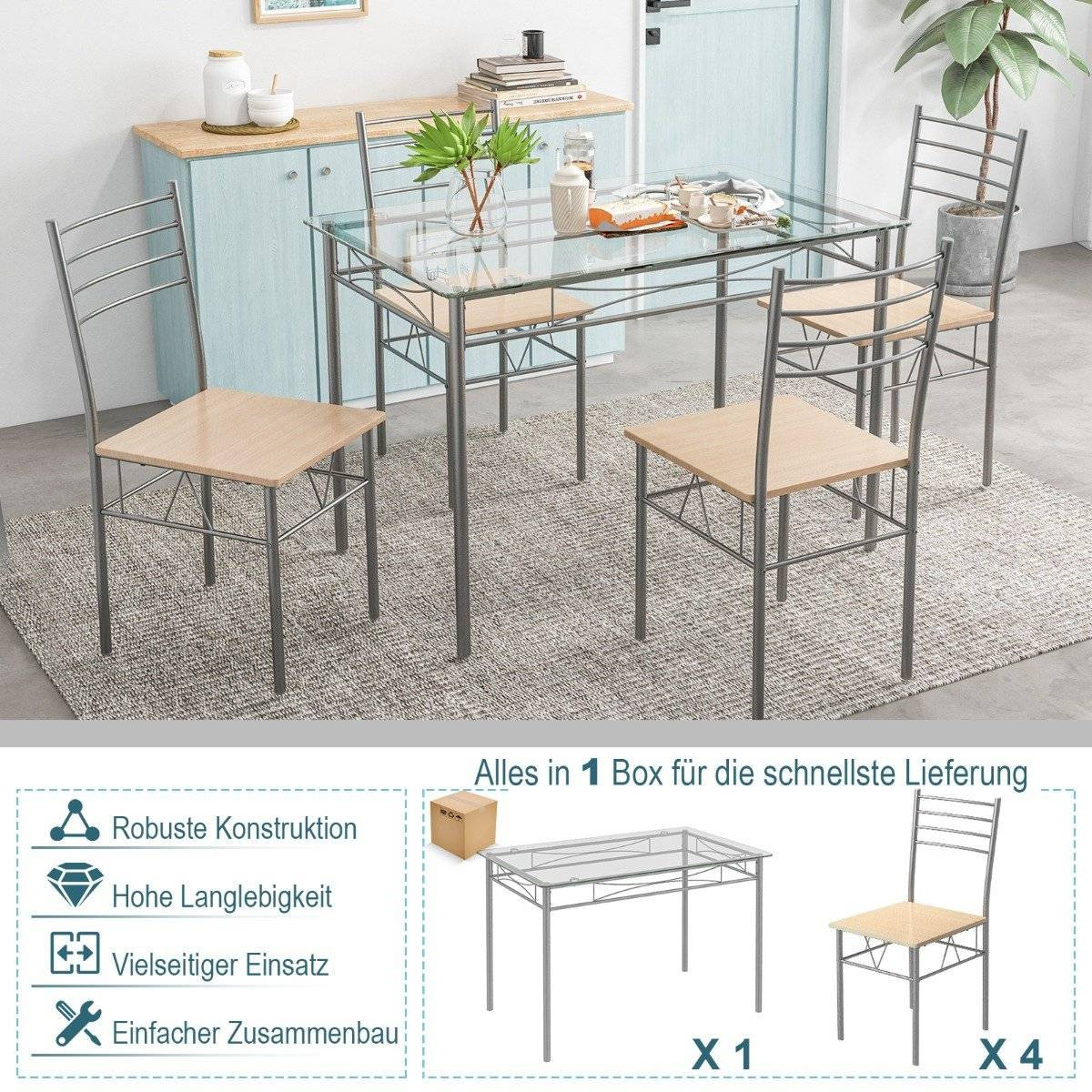 5 Piece Dining Room Set Rectangular Glass Dining Table with 4 Chair...