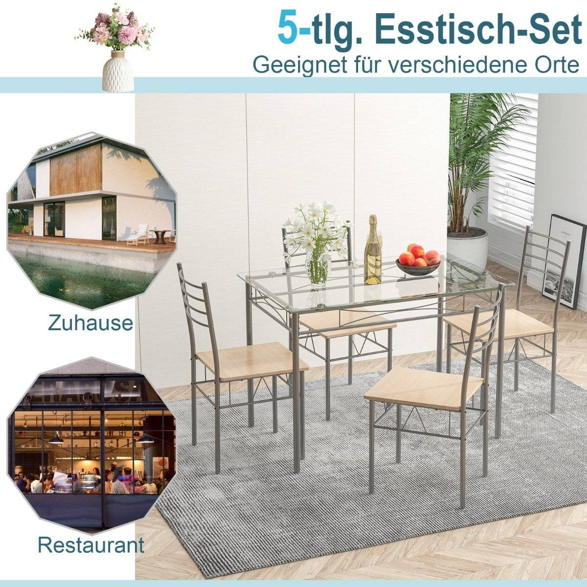 5 Piece Dining Room Set Rectangular Glass Dining Table with 4 Chair...