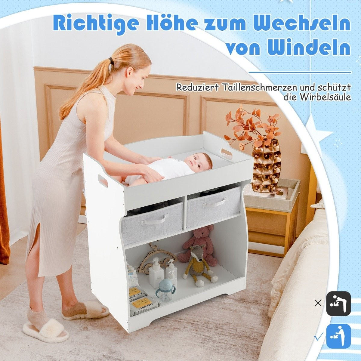 2 in 1 changing table with changing mat & 2 drawers & storage conta...