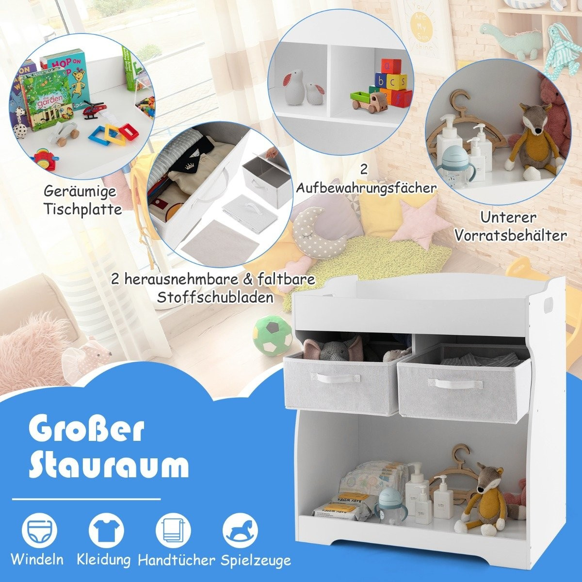 2 in 1 changing table with changing mat & 2 drawers & storage conta...