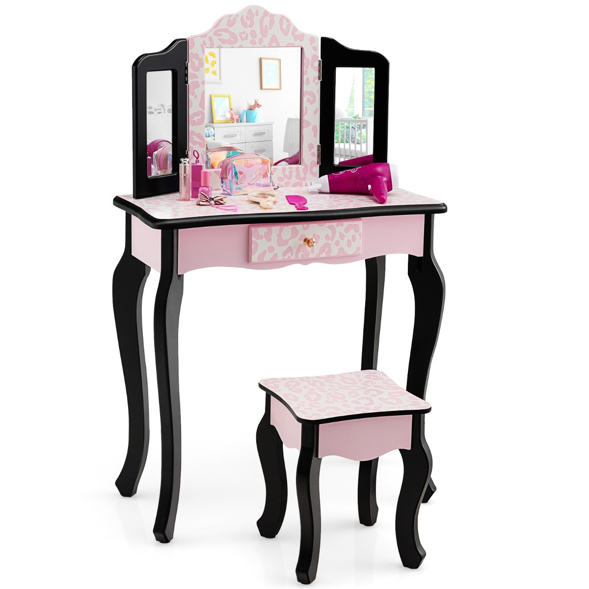 Children's dressing table with stool & tri-fold mirror & drawer leo...