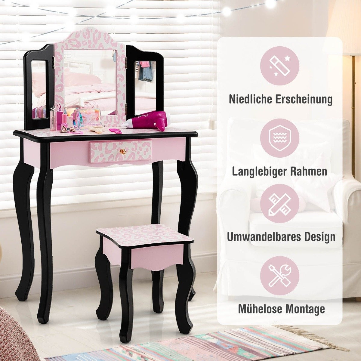 Children's dressing table with stool & tri-fold mirror & drawer leo...