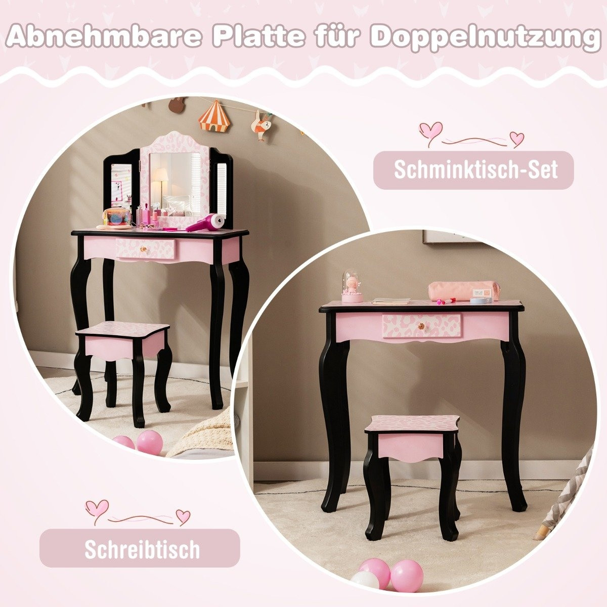 Children's dressing table with stool & tri-fold mirror & drawer leo...