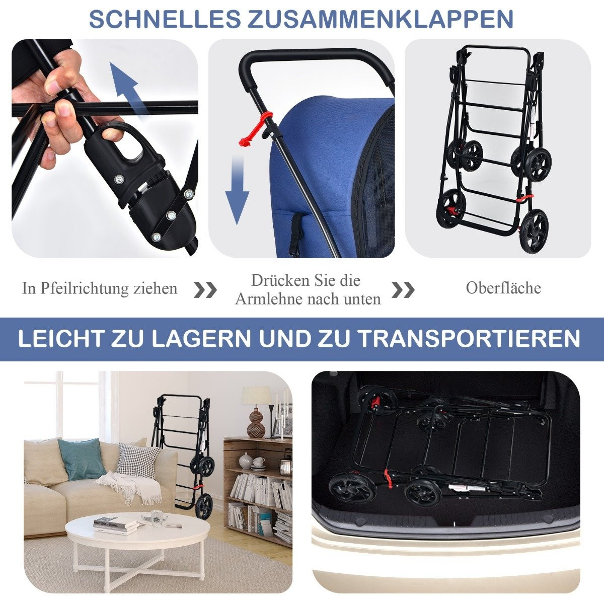 4 in 1 Multifunctional Stroller Double Layer Pet Stroller Blue