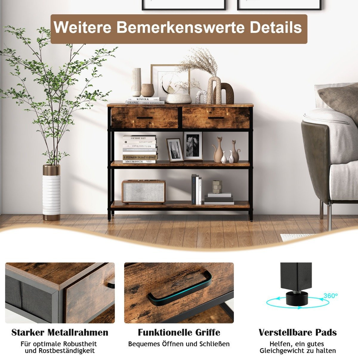 100cm Console Table with 2 Fabric Drawers 3 Tier Side Table Rustic ...