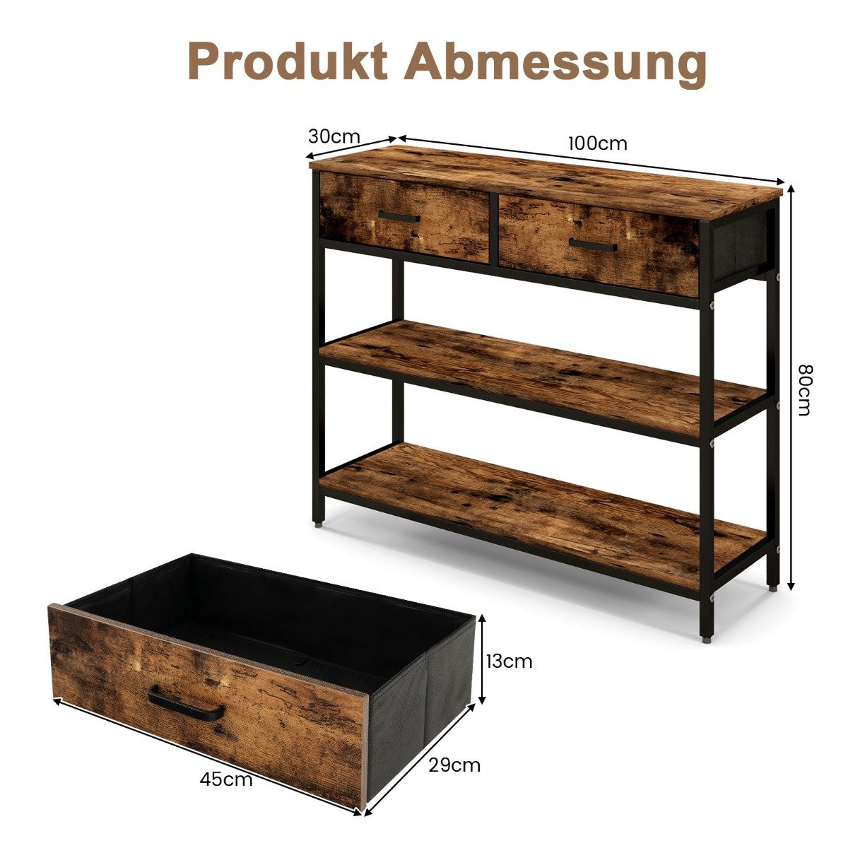 100cm Console Table with 2 Fabric Drawers 3 Tier Side Table Rustic ...