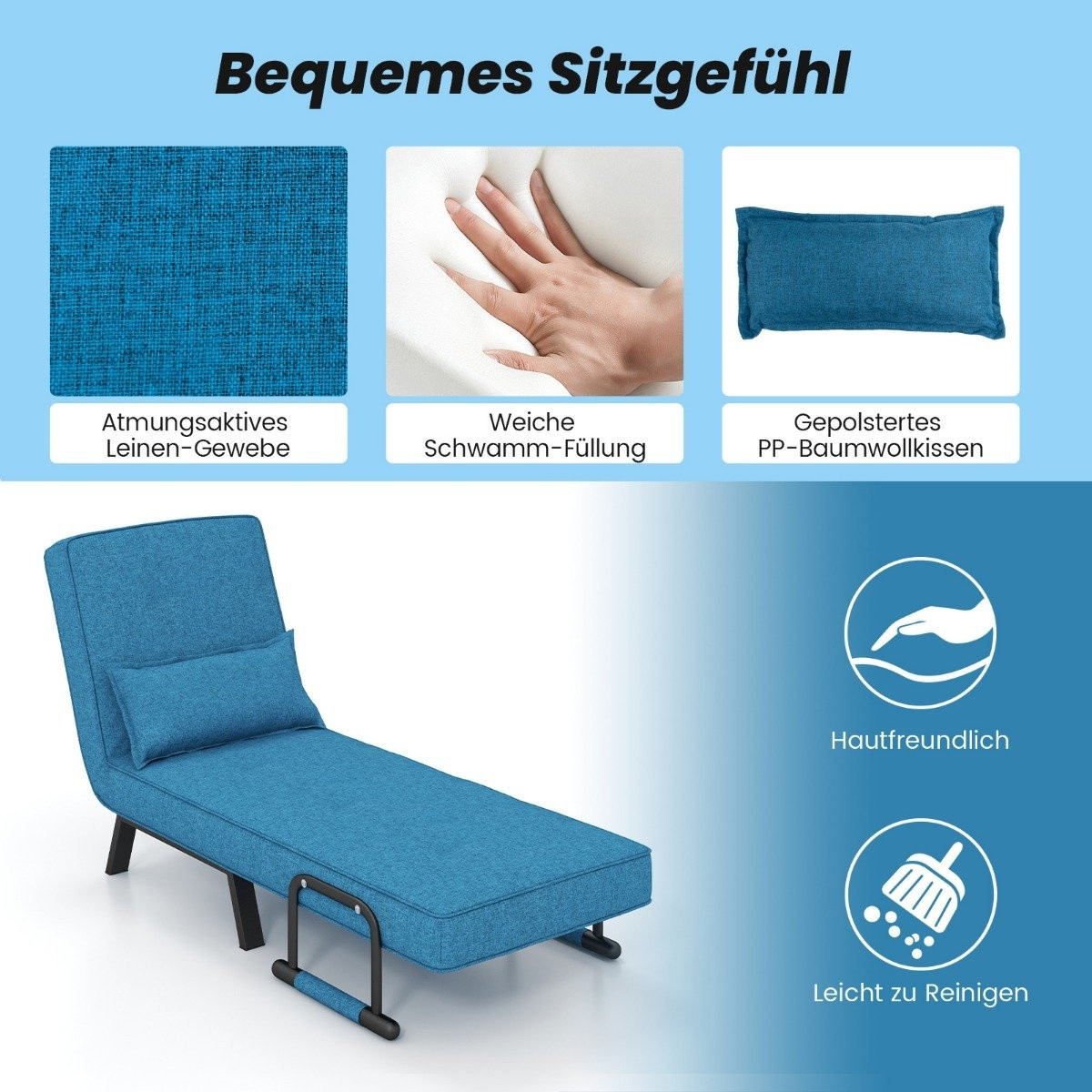 4 in 1 folding sofa bed with 5 level adjustable backrest blue