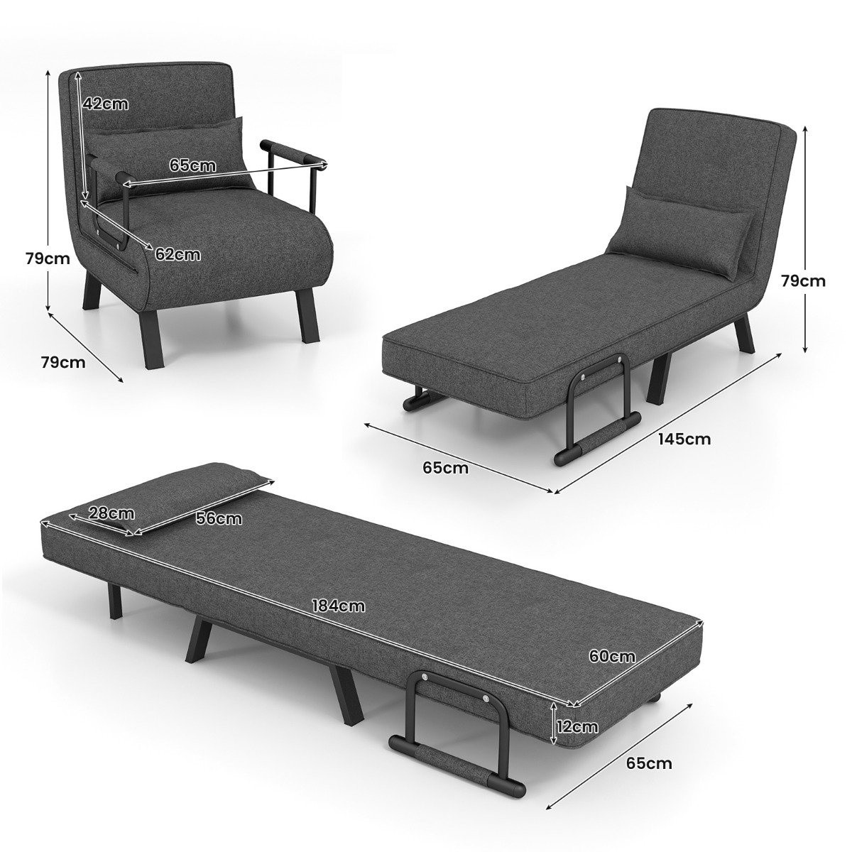 Sofá-cama Sofá-cama dobrável ajustável Sofá-cama com encosto cinza ...