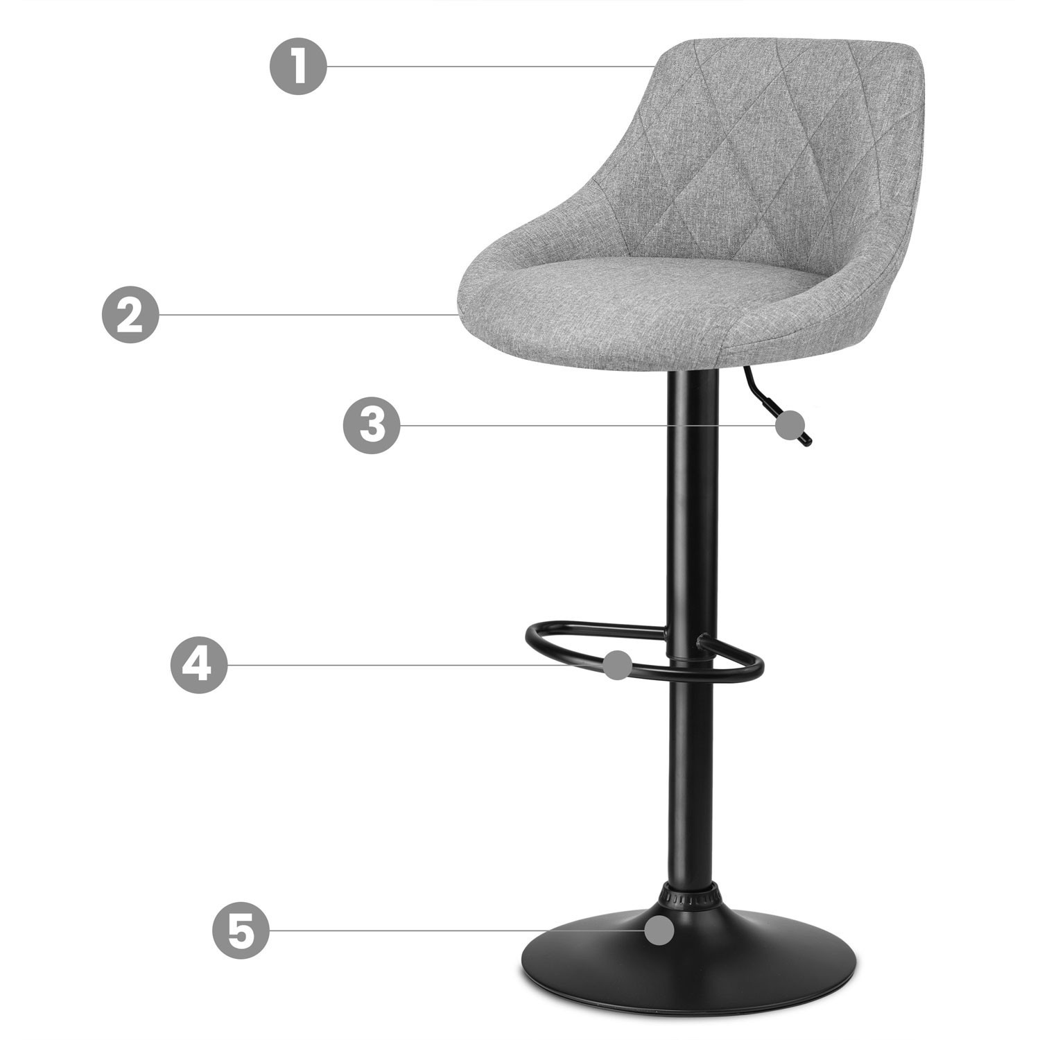 Nerra fabric bar stool with backrest, gray