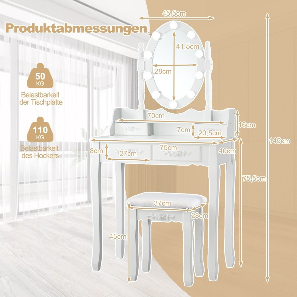 Dressing table with LED lighting adjustable brightness dressing tab...