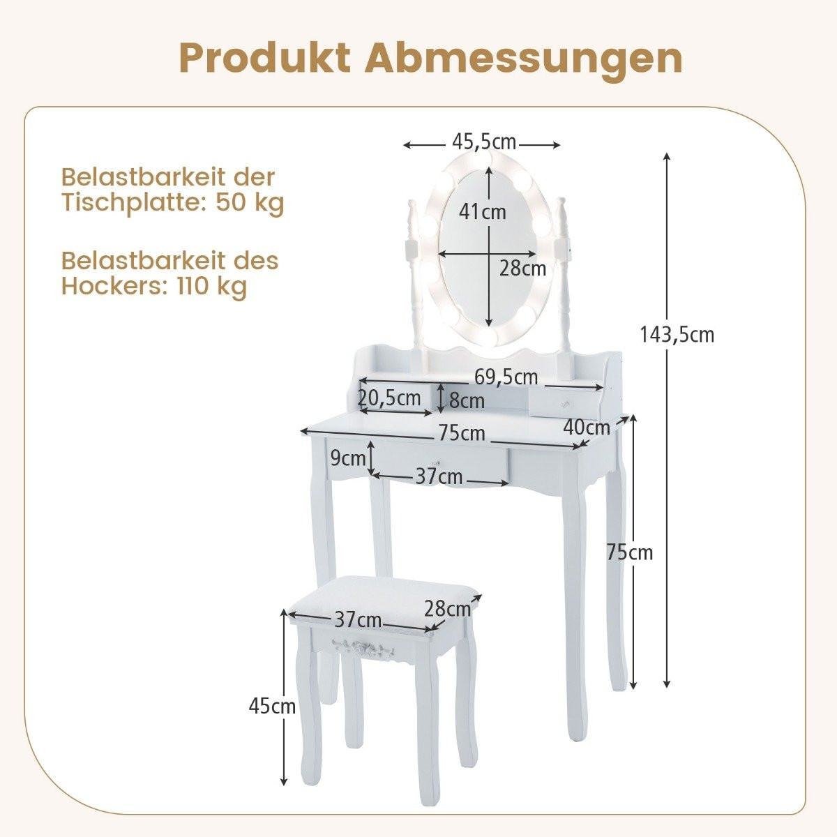 Dressing table with LED lighting adjustable brightness dressing tab...